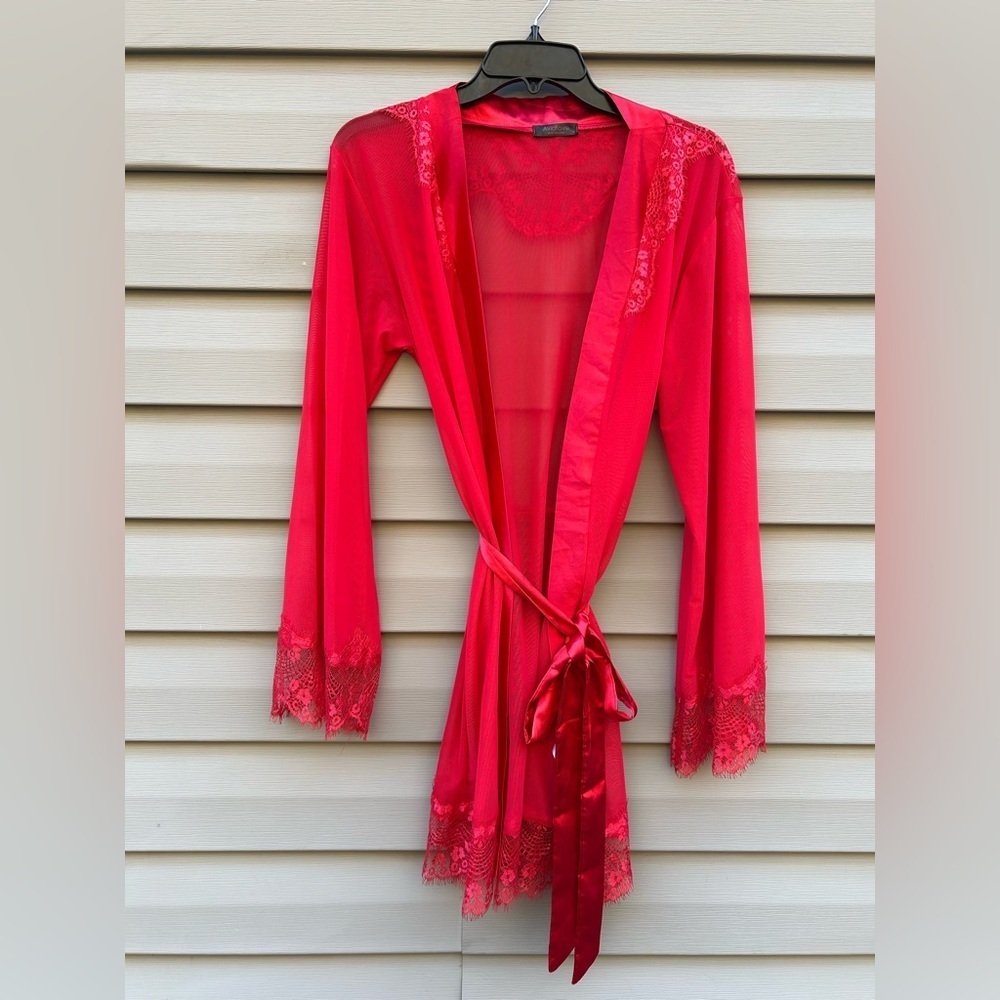 Vintage M lace Valentine’s Day belted sexy Christmas coquette satin sheer robe